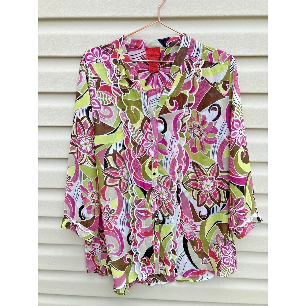 V Christina Women Sheer Long Sleeved Blouse Top Floral Rhinestone 70s size Large
